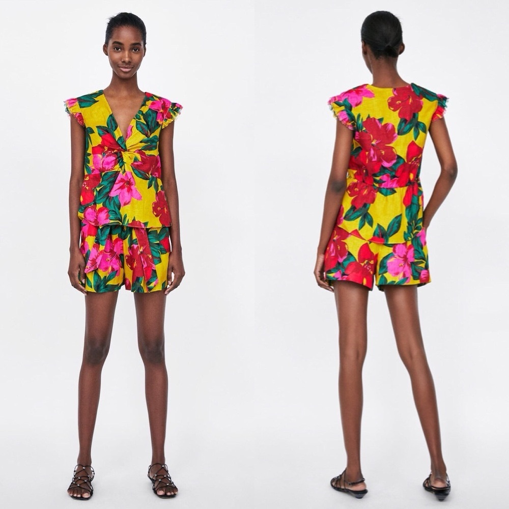 Zara tropical floral print linen shirt short set